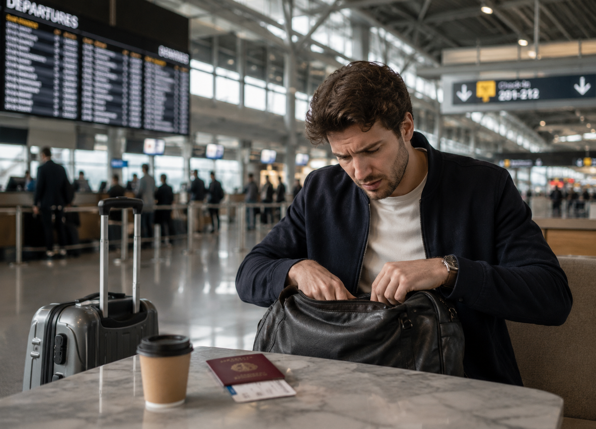 Uomo in aeroporto che cerca il portafoglio nella borsa con passaporto e biglietto sul tavolo; portafoglio perso in viaggio